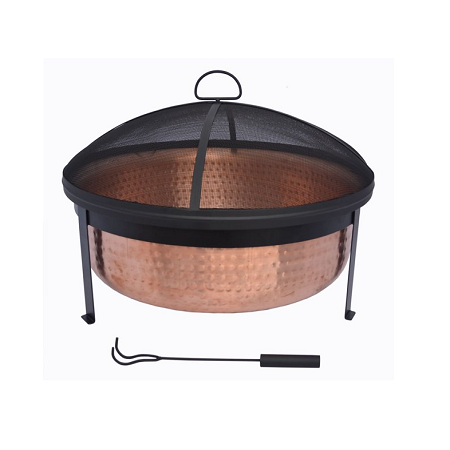 Copper Hammered Fire Pit With Black Mesh Lid And Stand High Quality Customized Size And Round Shape Fire Pit