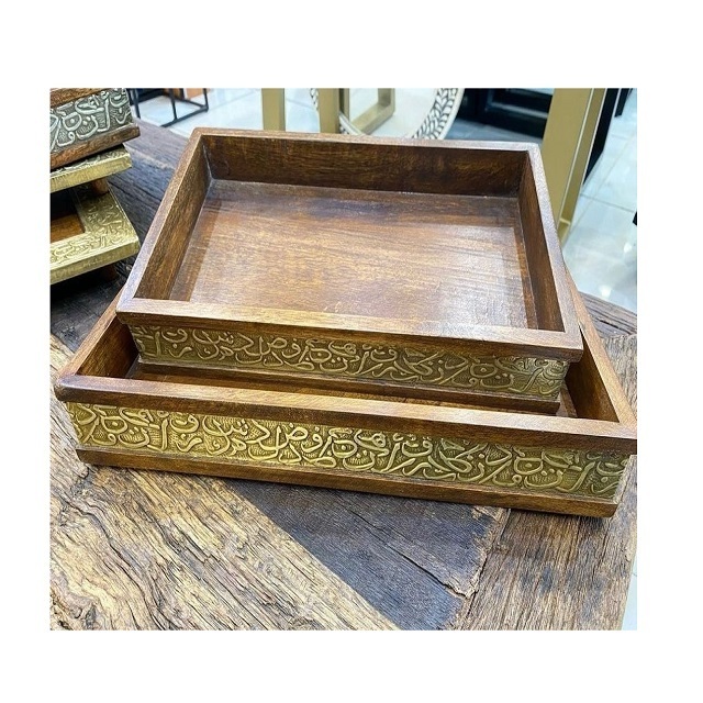 Standard Design Wood Serving Tray Set Of 2 Different Sizes Dates Snacks Serving Tray With Metal Handles In Bulk