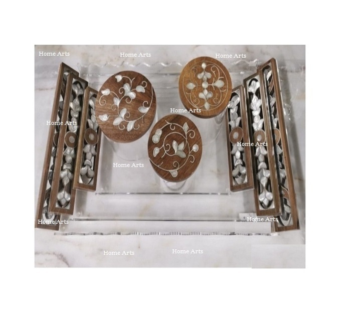 Wood And Acrylic Food Serving Tray With MOP Work Handles Set Of 3 Dry Fruits Dates Serving Tray For Sale