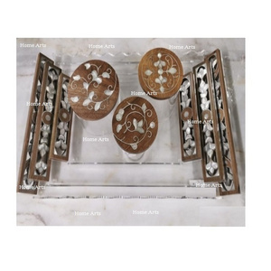 Wood And Acrylic Food Serving Tray With MOP Work Handles Set Of 3 Dry Fruits Dates Serving Tray For Sale