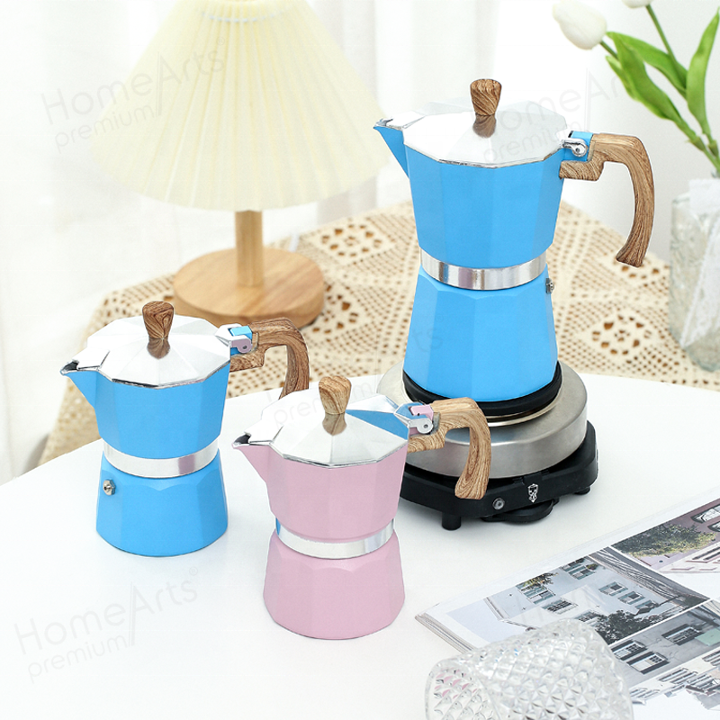 Best quality manual stock 3/6 cups custom aluminum bialetti coffee maker moka pot with wooden effect handle