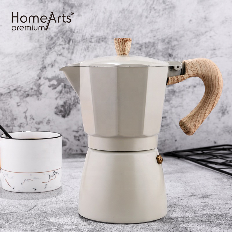 Ready to ship 3/6 cups household multi-colored aluminum bialetti moka coffee pot with wooden effect handle