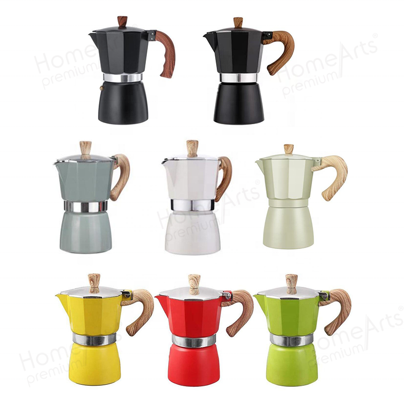 Ready to ship 3/6 cups household multi-colored aluminum bialetti moka coffee pot with wooden effect handle