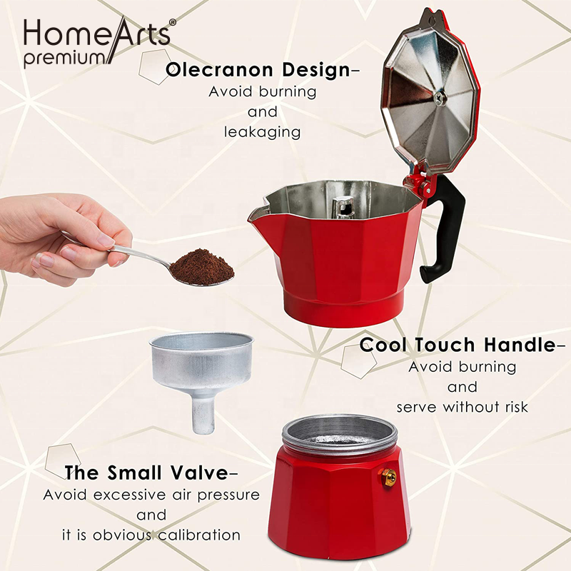 Customized Logo Red Aluminium Percolator Pot Moka Pot Espresso Coffee Maker Portail Expreso Italiana Cafetera