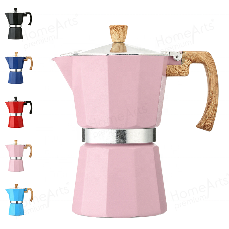 Best quality manual stock 3/6 cups custom aluminum bialetti coffee maker moka pot with wooden effect handle