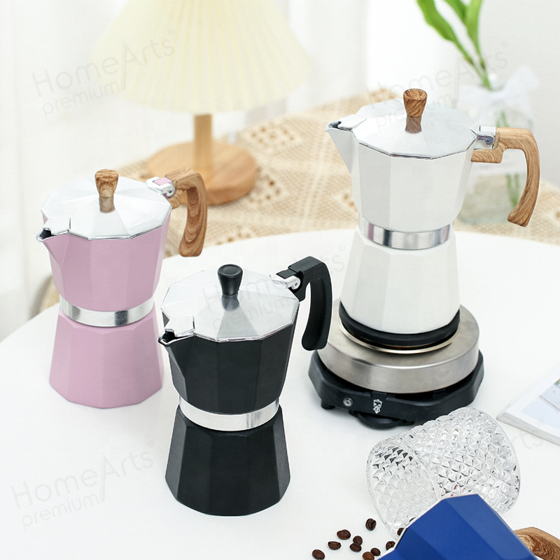 Best quality manual stock 3/6 cups custom aluminum bialetti coffee maker moka pot with wooden effect handle