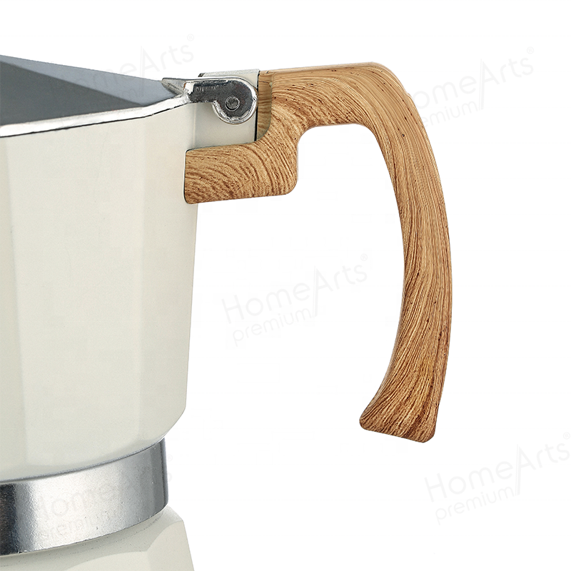 High quality stock 3/6 cups food grade aluminium express cafetera moka pot with wooden effect handle