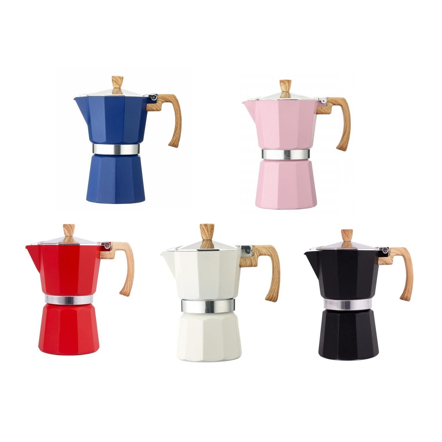 Stock 3/6 cups food grade aluminum stove top bialetti coffee maker moka pot with wooden effect handle