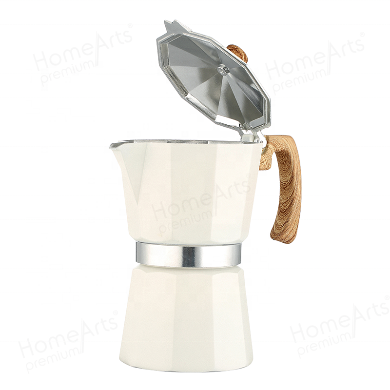 High quality stock 3/6 cups food grade aluminium express cafetera moka pot with wooden effect handle