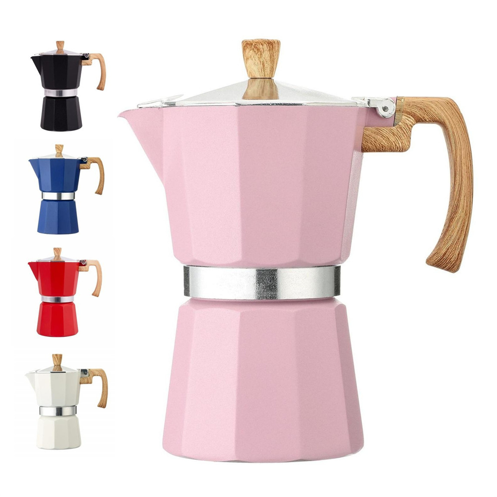 High quality stock 3/6 cups food grade aluminium express cafetera moka pot with wooden effect handle