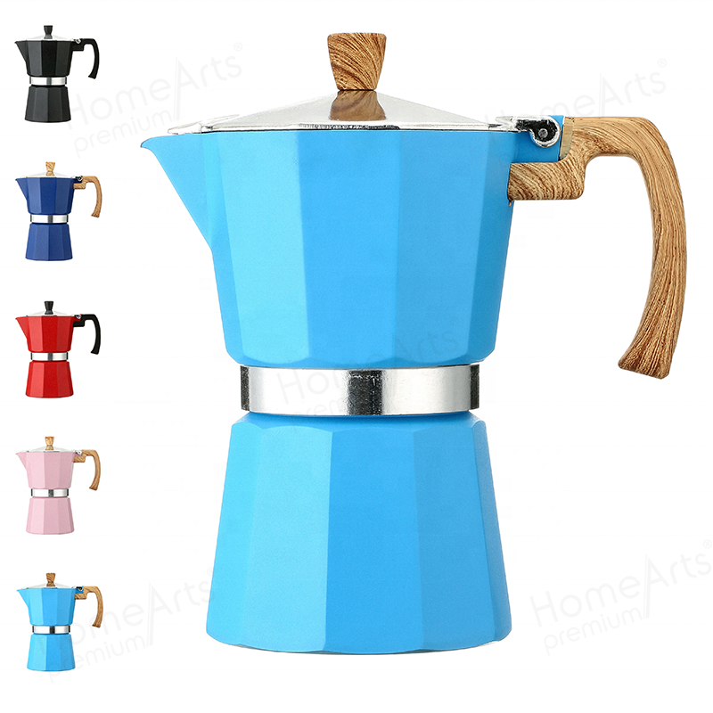 Stock 3/6 cups food grade aluminum stove top bialetti coffee maker moka pot with wooden effect handle