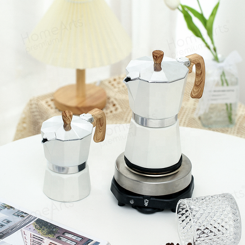 High quality stock 3/6 cups food grade aluminium express cafetera moka pot with wooden effect handle