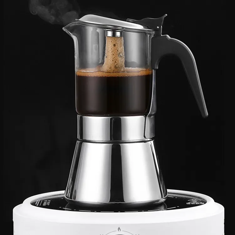 Hot Sale 3/6/9 Cups Aluminum Crystal Glass Top Portable Cafetera Stovetop Espresso Coffee Maker Moka Pot