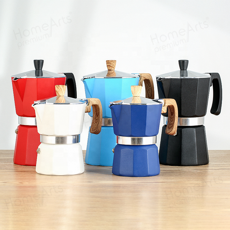 Best quality manual stock 3/6 cups custom aluminum bialetti coffee maker moka pot with wooden effect handle