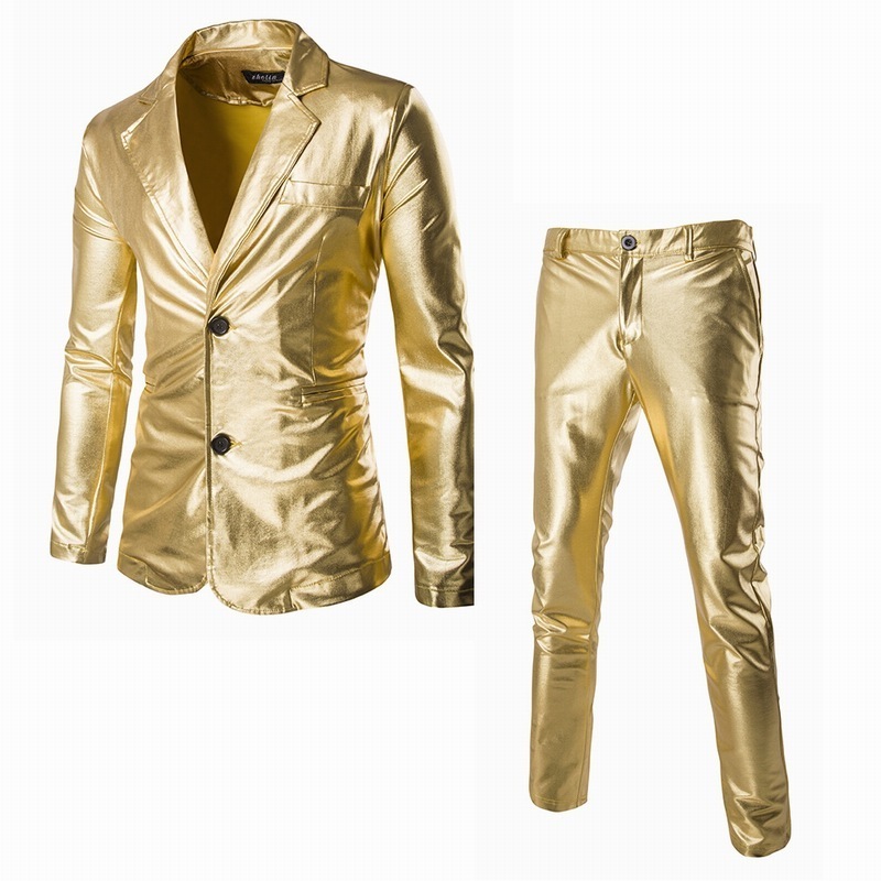 Long Sleeve Jacket Pants Set 2 Piece Gold Silver Slim Fit Black Leather Suit Men