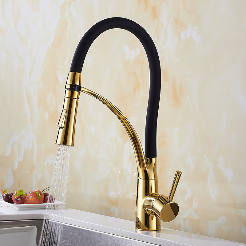 Pullout Gold Kitchen Faucet Solid  Single Handle One Hole Kitchen Sink Faucet with 360 Swivel Modern Flexible Black Rubber