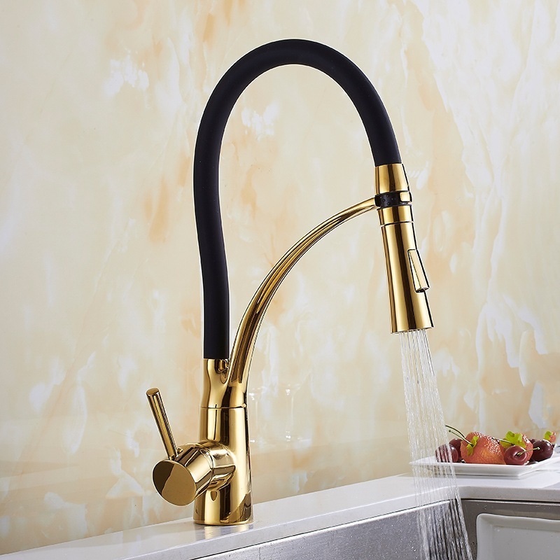 Pullout Gold Kitchen Faucet Solid  Single Handle One Hole Kitchen Sink Faucet with 360 Swivel Modern Flexible Black Rubber