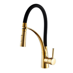 Pullout Gold Kitchen Faucet Solid  Single Handle One Hole Kitchen Sink Faucet with 360 Swivel Modern Flexible Black Rubber