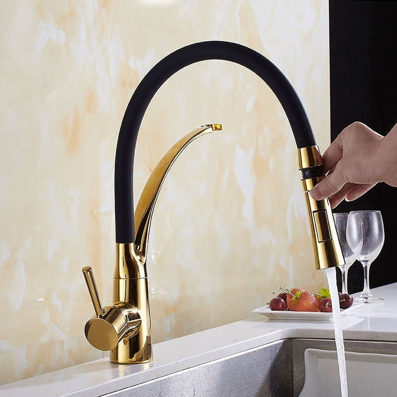 Pullout Gold Kitchen Faucet Solid  Single Handle One Hole Kitchen Sink Faucet with 360 Swivel Modern Flexible Black Rubber