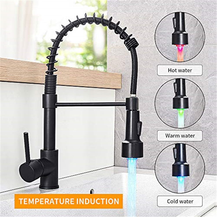 Kitchen Faucet with Modern Single Handle Pull Down Sprayer Spring Matte Black  basin faucet ledwith LED Light