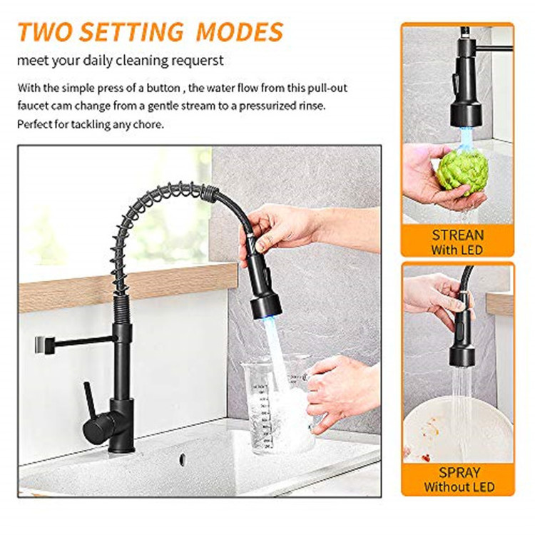 Kitchen Faucet with Modern Single Handle Pull Down Sprayer Spring Matte Black  basin faucet ledwith LED Light