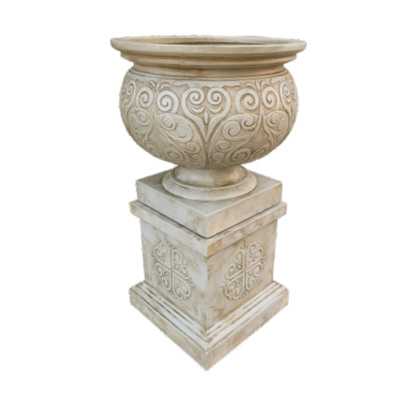 Roman Style White Flower Pot Fiber Clay Outdoor Urn Stone-Looking Flower Planters