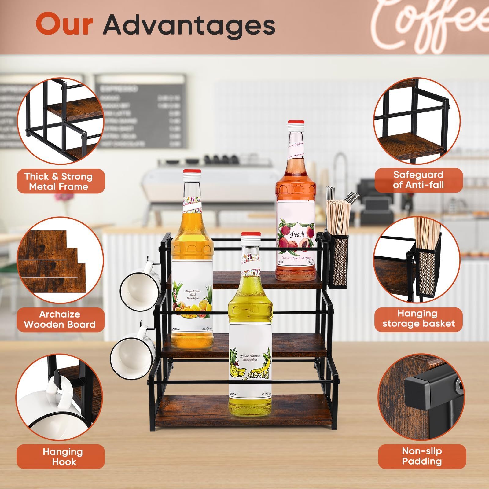 Coffee Syrup Rack Organizer, 3 Tier Syrup Bottle Holder Stand for Coffee Bar, 12 Bottles Storage Shelves with Basket and Hooks