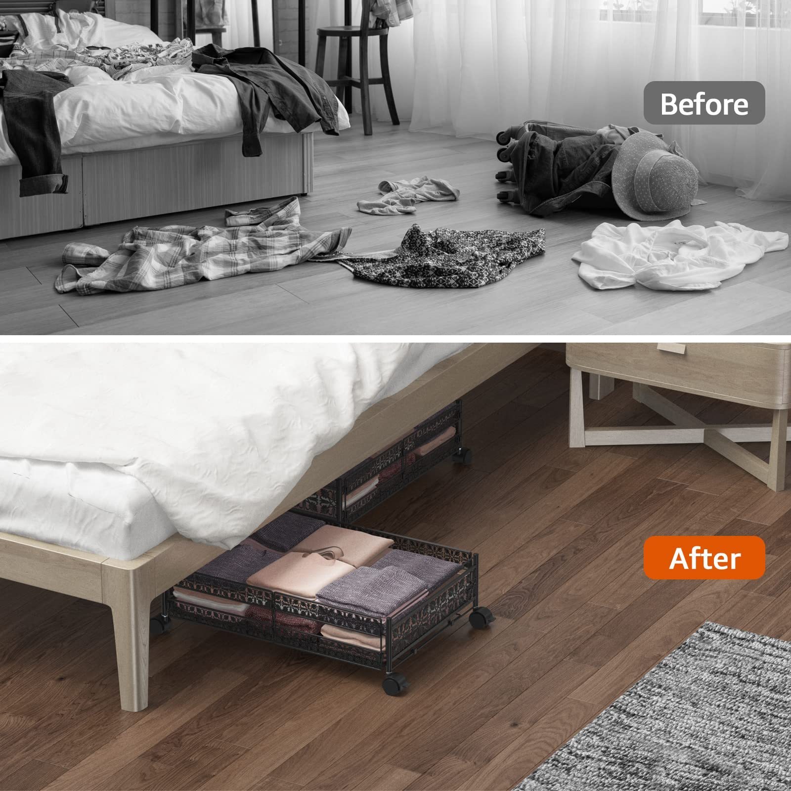 Metal Under Bed Storage Containers with Wheels, Set Rolling Under bed Kids Toy Shoe Organizer Cart