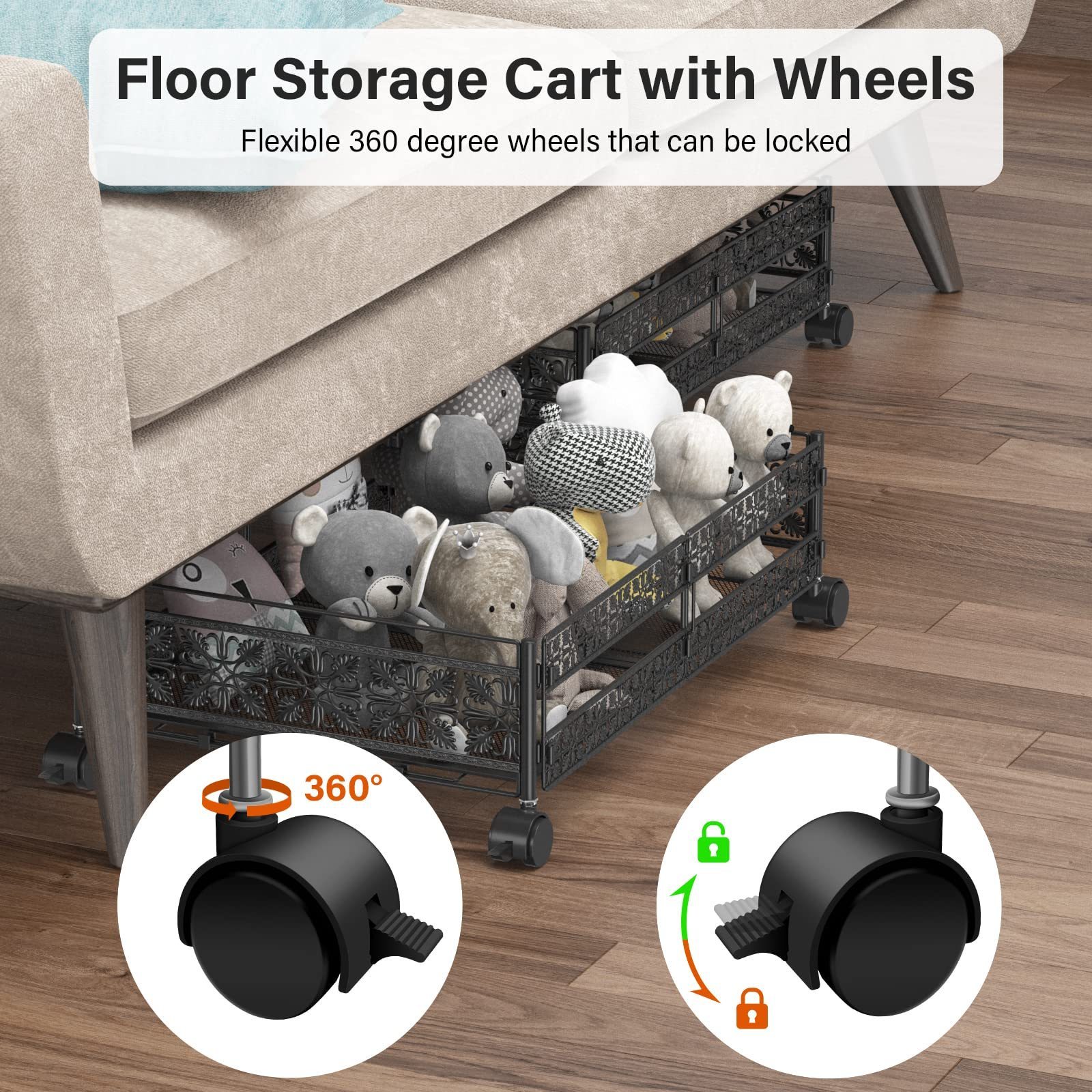 Metal Under Bed Storage Containers with Wheels, Set Rolling Under bed Kids Toy Shoe Organizer Cart