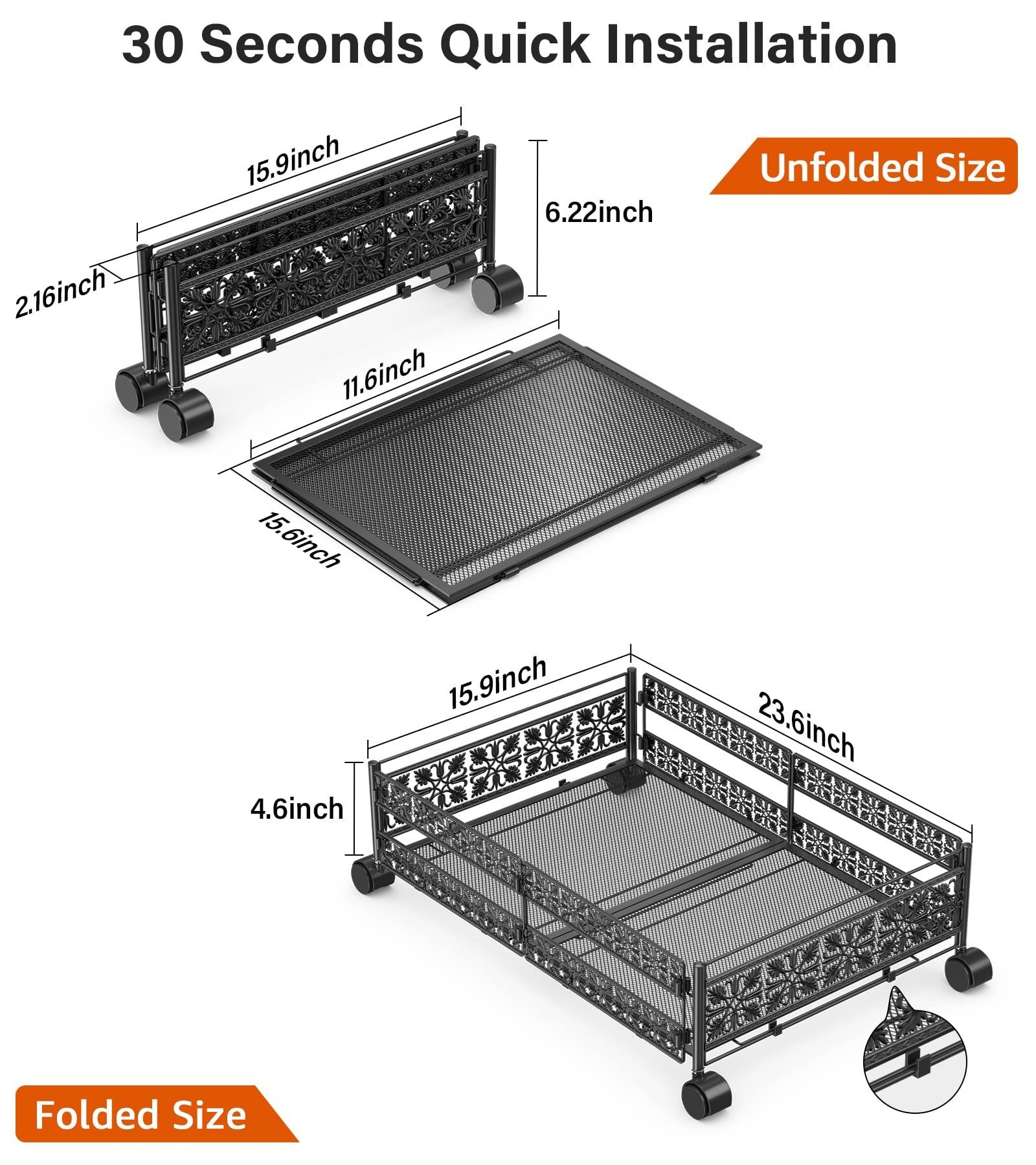 Metal Under Bed Storage Containers with Wheels, Set Rolling Under bed Kids Toy Shoe Organizer Cart