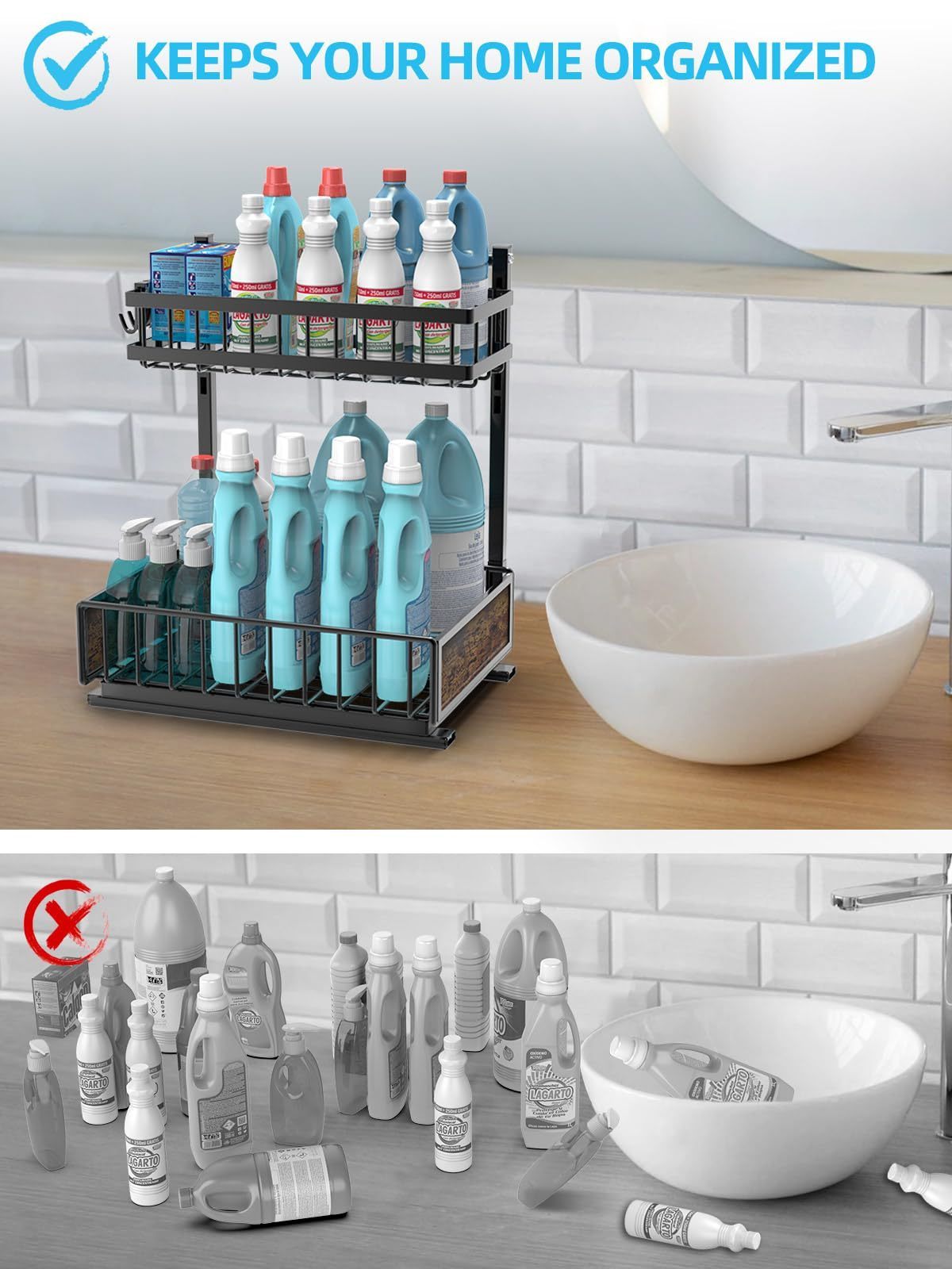 Under Sink Organizers 2 Tier - Kitchen Under Sink Organizer Storage Metal,Pull Out Cabinet Organizer Adjustable Height Organizer