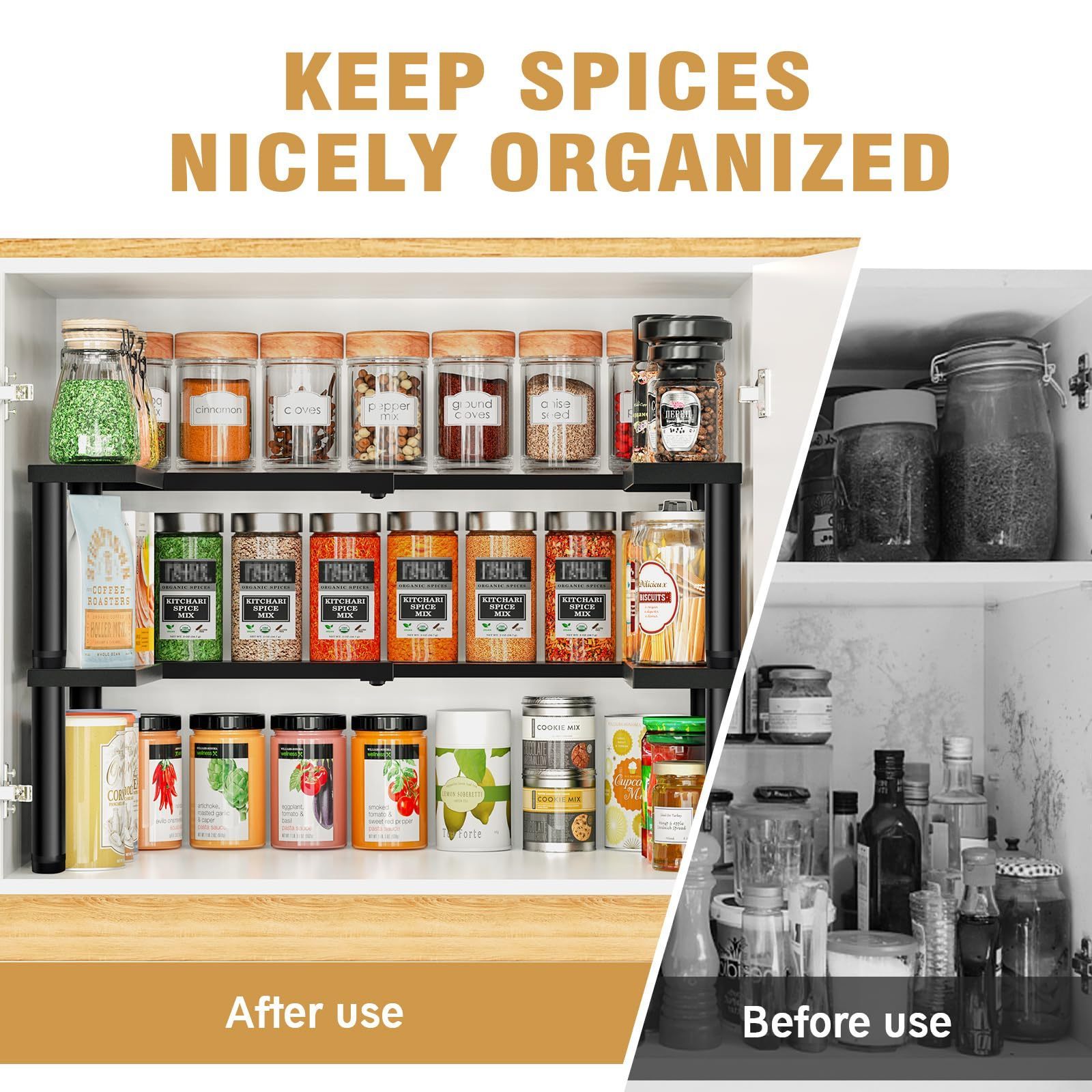 Spice Rack Organizer,Expandable Metal Seasoning Organization,2 Tier Spice Storage Shelf for Cupboard Pantry