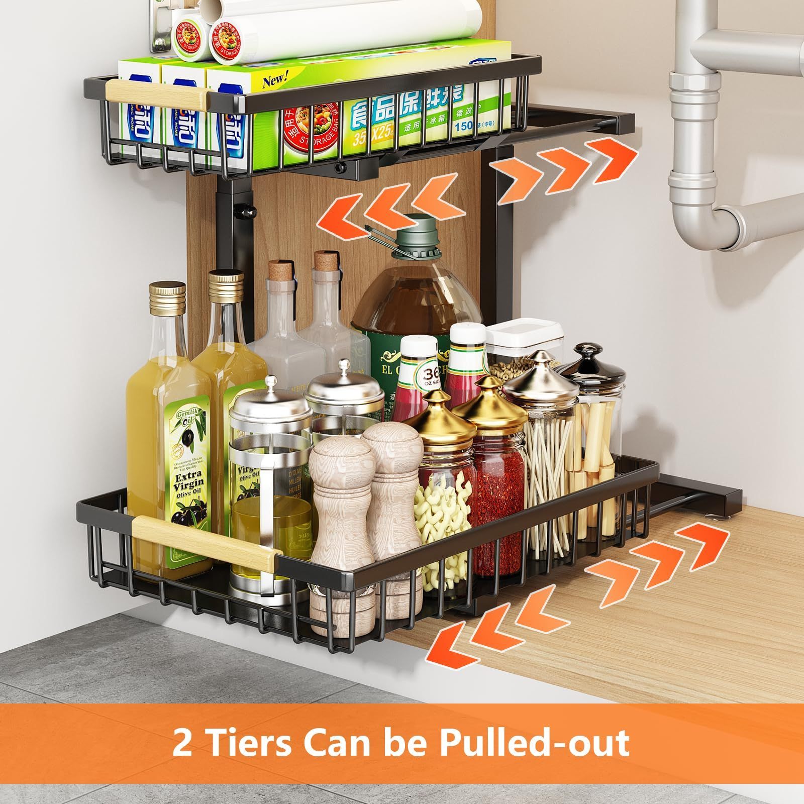 Under Sink Organizers and Storage,2 Tier Slide easily - Bathroom Organizer Under Sink, Kitchen Organizers and Storage