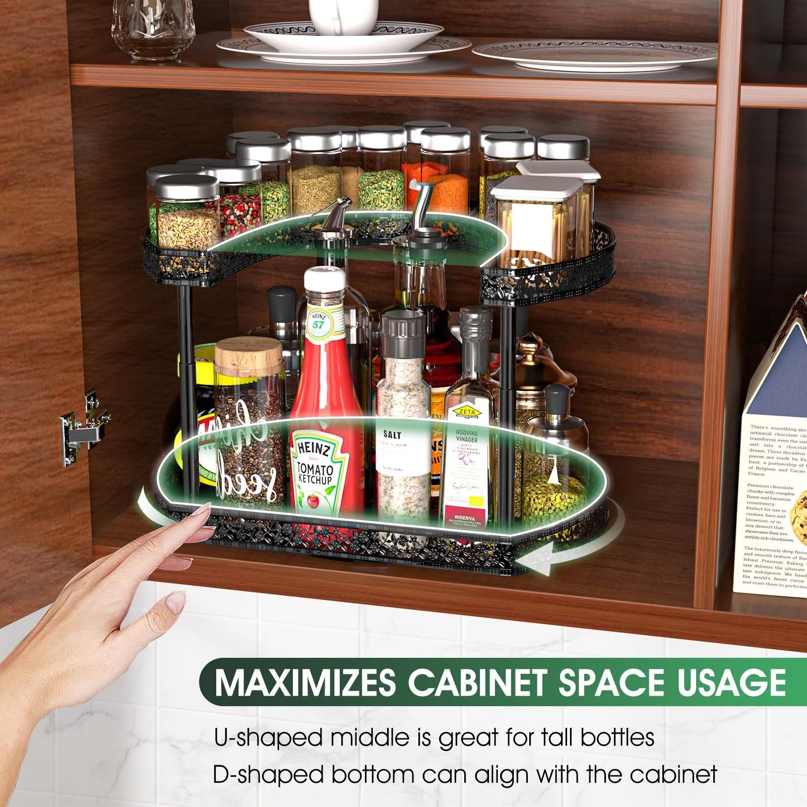 Lazy Susan Turntable Organizer, 2-Tier Spice Spinner Non-Skid & 3 Height Settings for Cabinet Pantry Kitchen