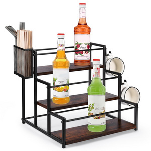 Coffee Syrup Rack Organizer, 3 Tier Syrup Bottle Holder Stand for Coffee Bar, 12 Bottles Storage Shelves with Basket and Hooks