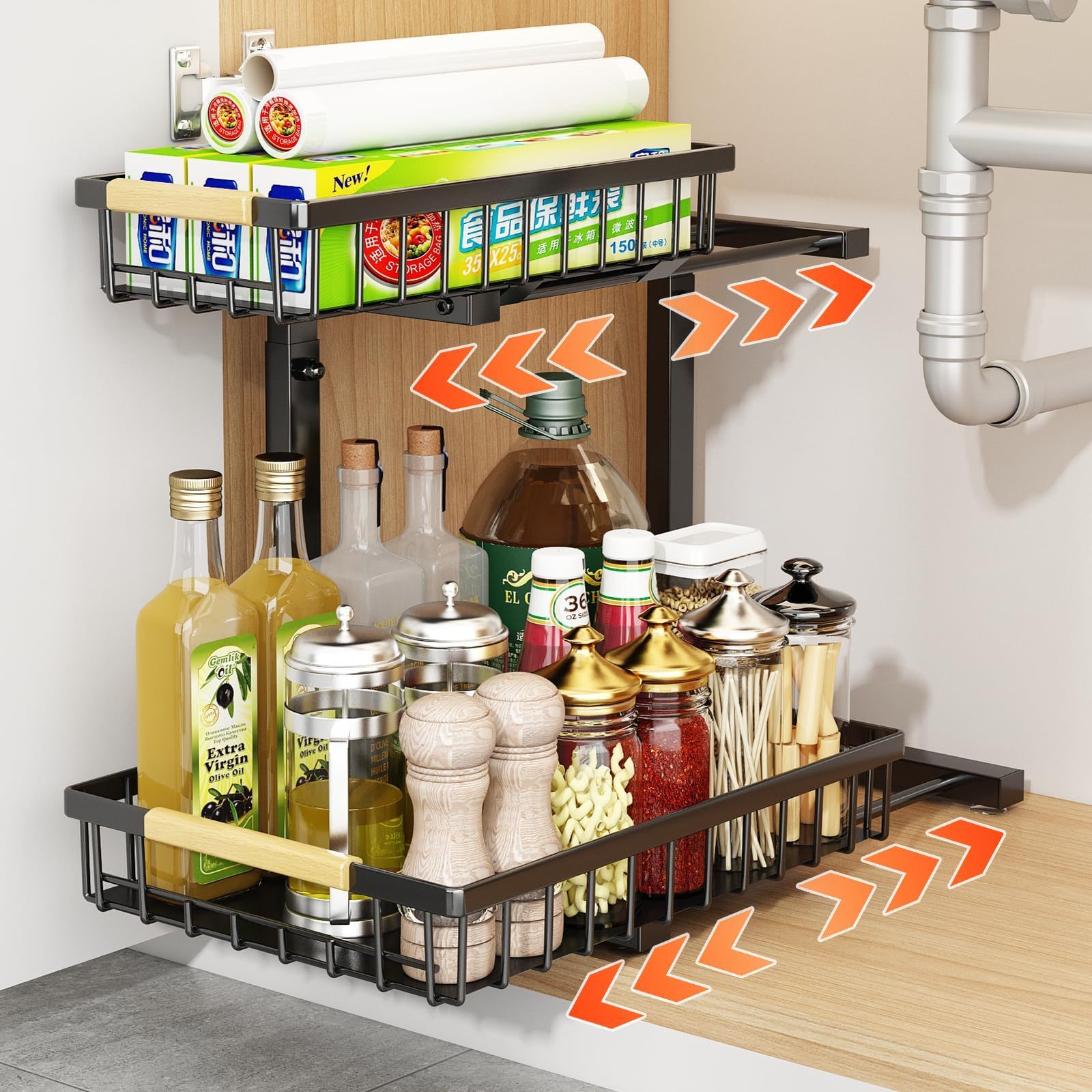 Under Sink Organizers and Storage,2 Tier Slide easily - Bathroom Organizer Under Sink, Kitchen Organizers and Storage