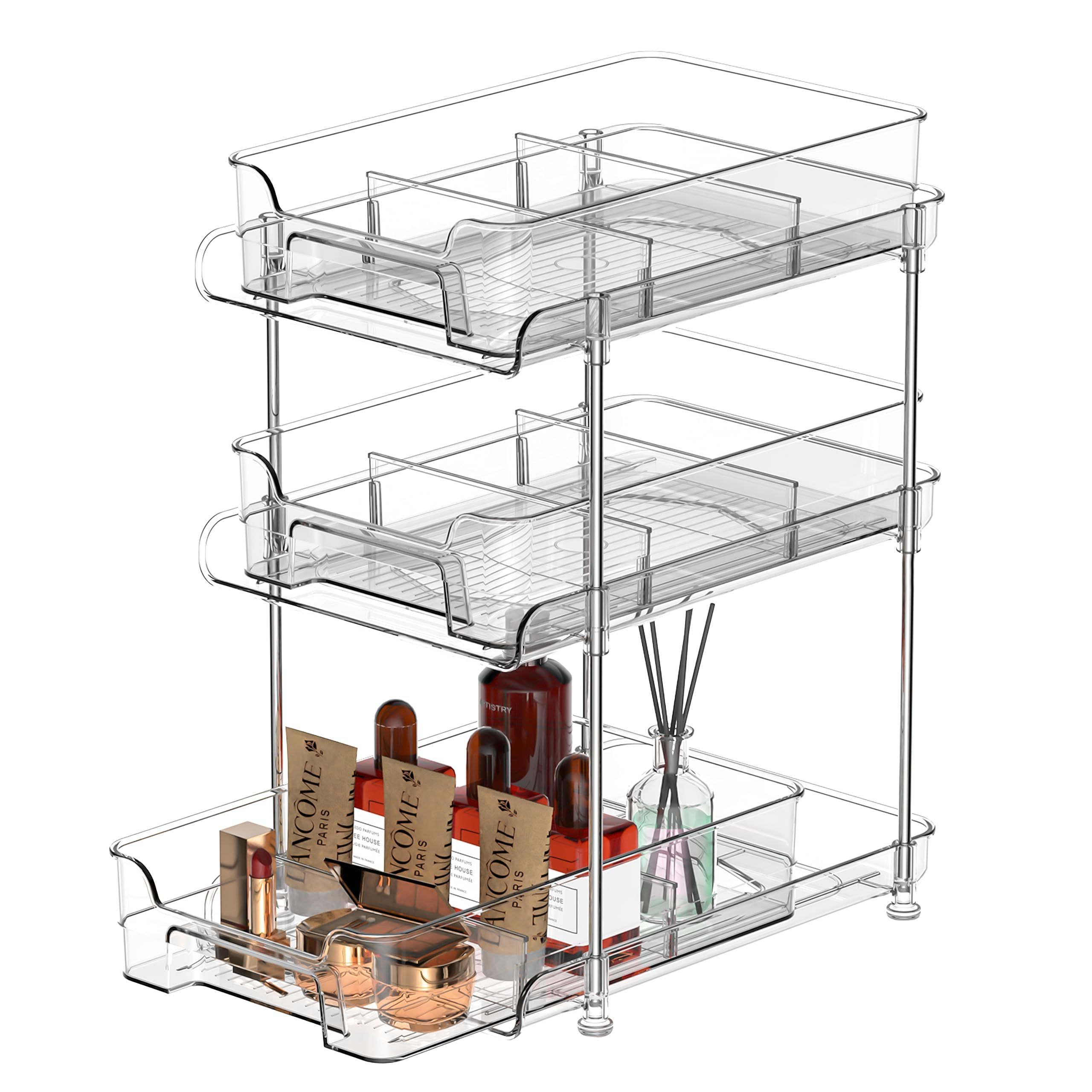 2024  New  3 Tier Bathroom Organizer with Dividers,2 Set Clear Under Sink Organizers Storage Slide Out Bathroom