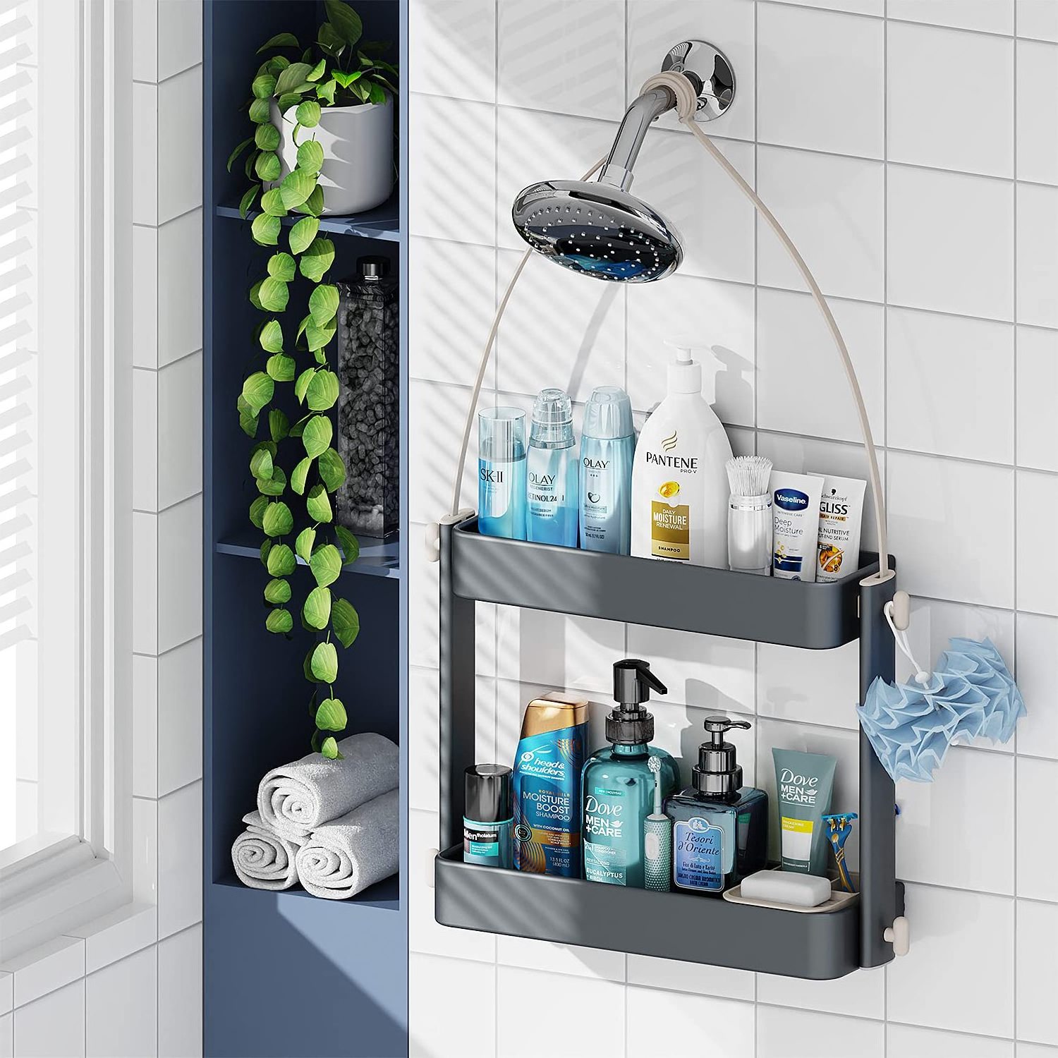 Shower Caddy Hanging, 2 in 1 Shower Caddy Over Shower Head/Door, Sturdy Bathroom Shelf Organizer with Adjustable Height