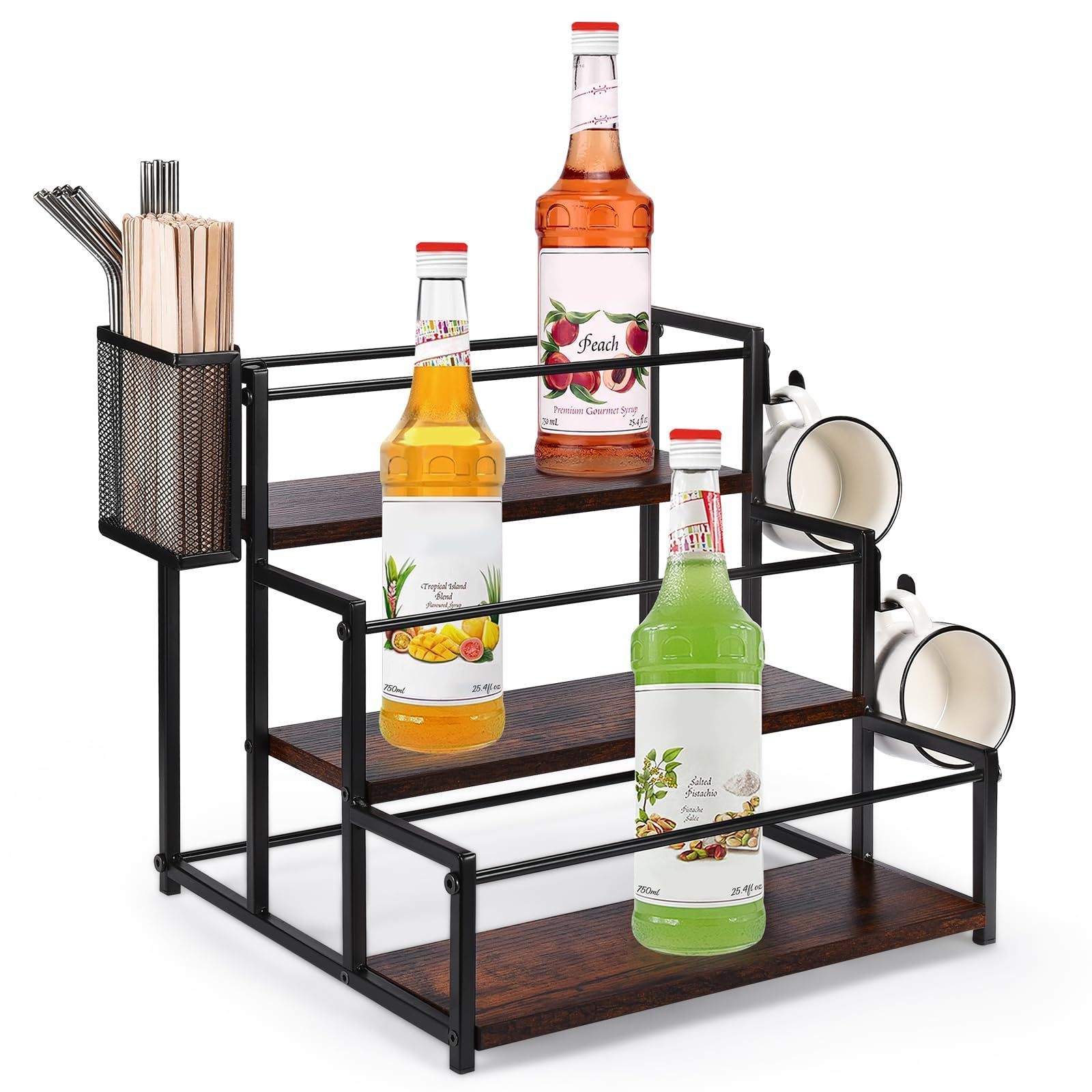 Coffee Syrup Rack Organizer, 3 Tier Syrup Bottle Holder Stand for Coffee Bar, 12 Bottles Storage Shelves with Basket and Hooks