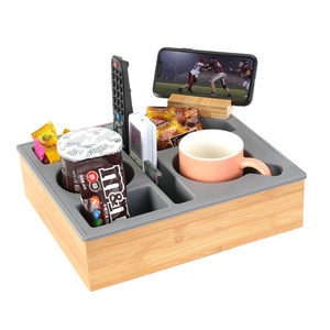 Couch Cup Holder Tray, Silicone Bamboo Couch Caddy with Rotatable Phone Holder, Waterproof Anti-Spill Sofa Cup Holder