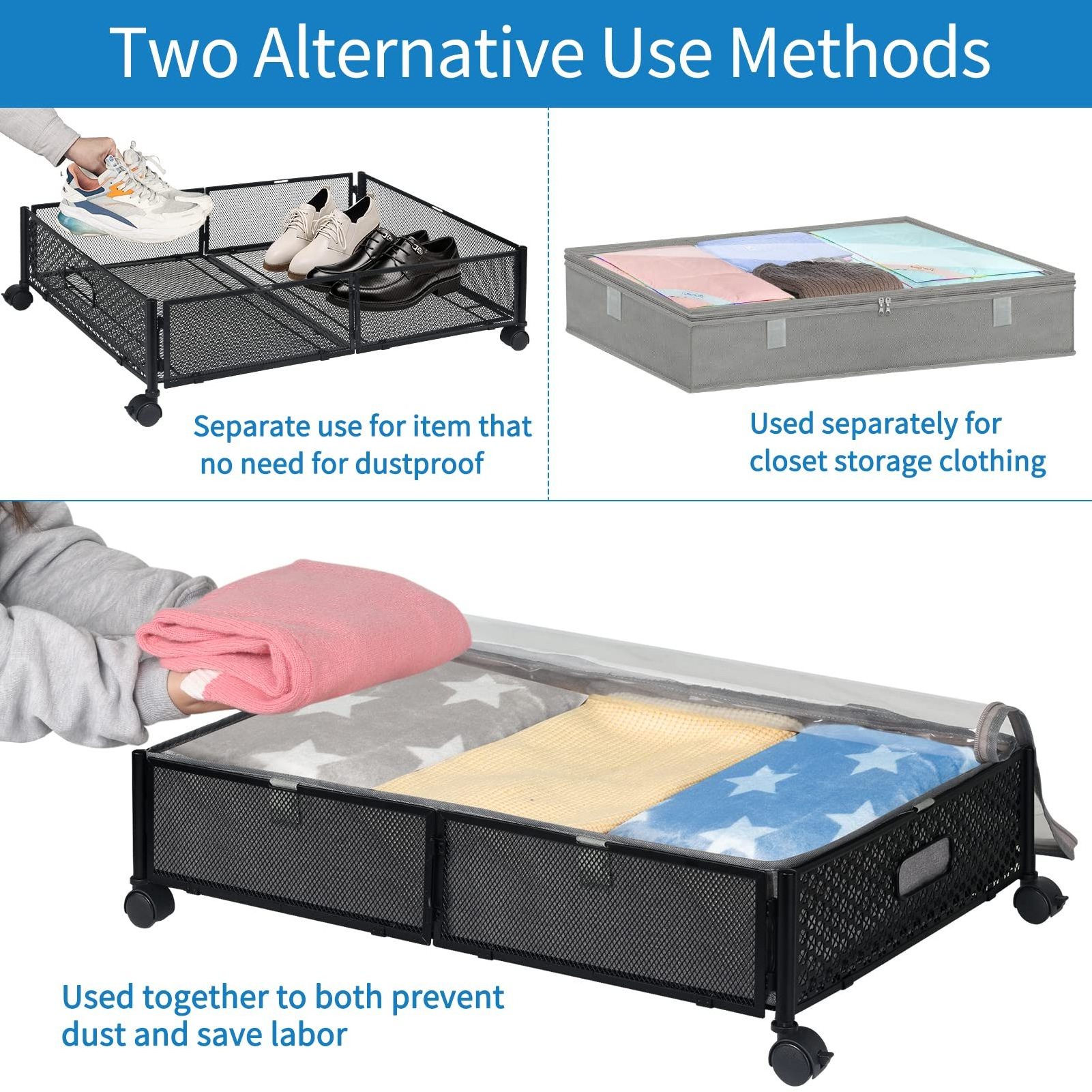 i Under Bed Storage with Wheels & Removable Bags, 2 Pcs Under bed Storage Containers Rolling Drawers