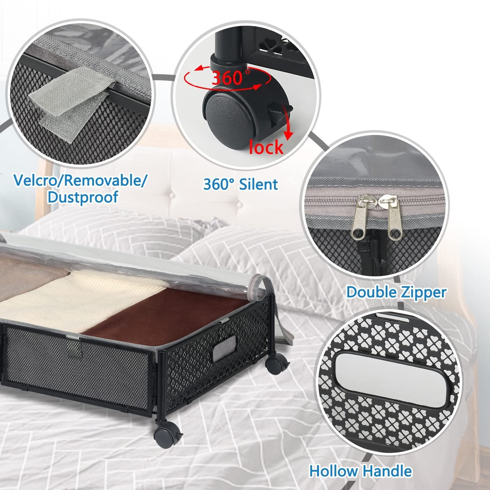 i Under Bed Storage with Wheels & Removable Bags, 2 Pcs Under bed Storage Containers Rolling Drawers