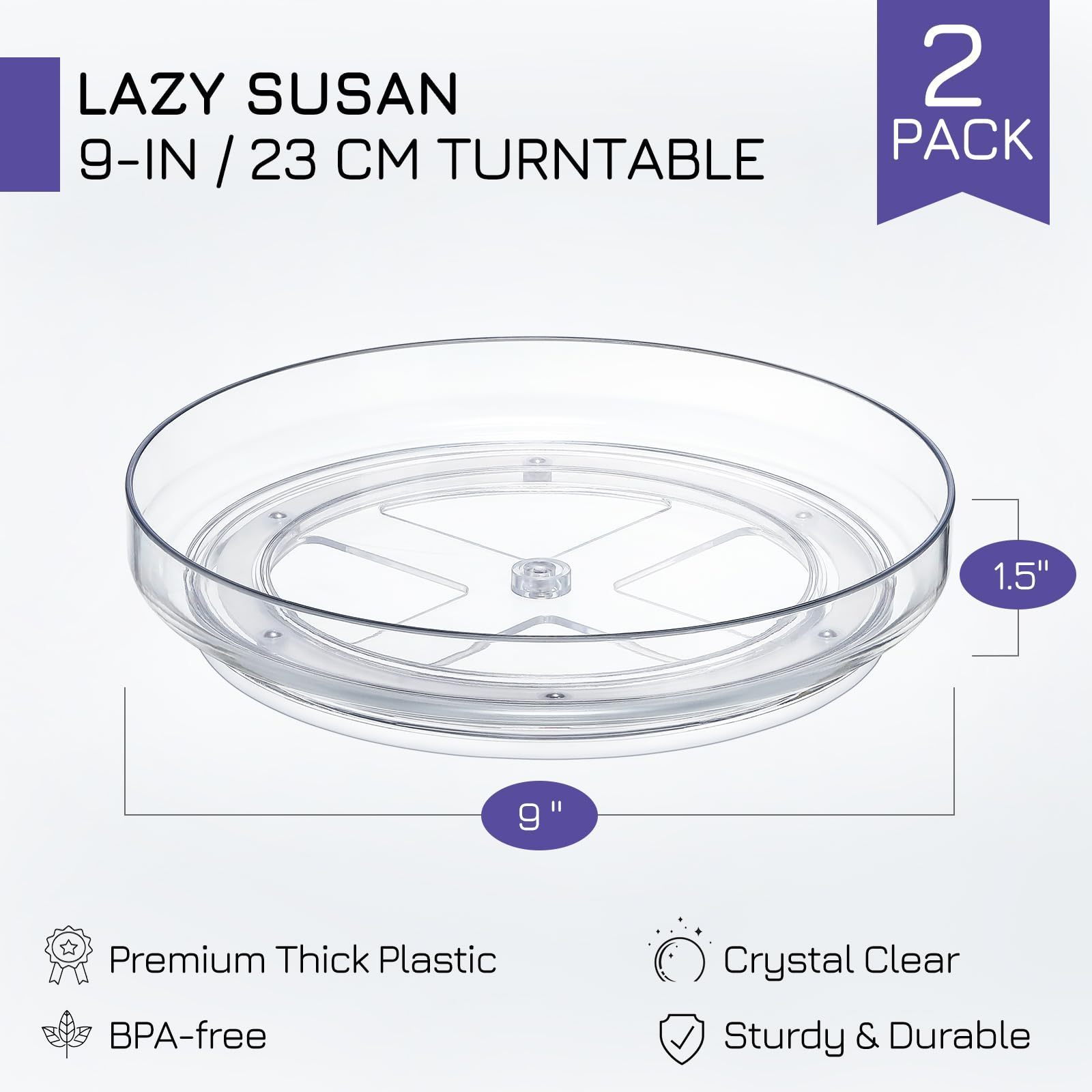 2 Pack, 9 Inch Clear Non-Skid Lazy Susan Organizers  Turntable Rack for Kitchen Cabinet, Pantry Organization and Storage, Fridge