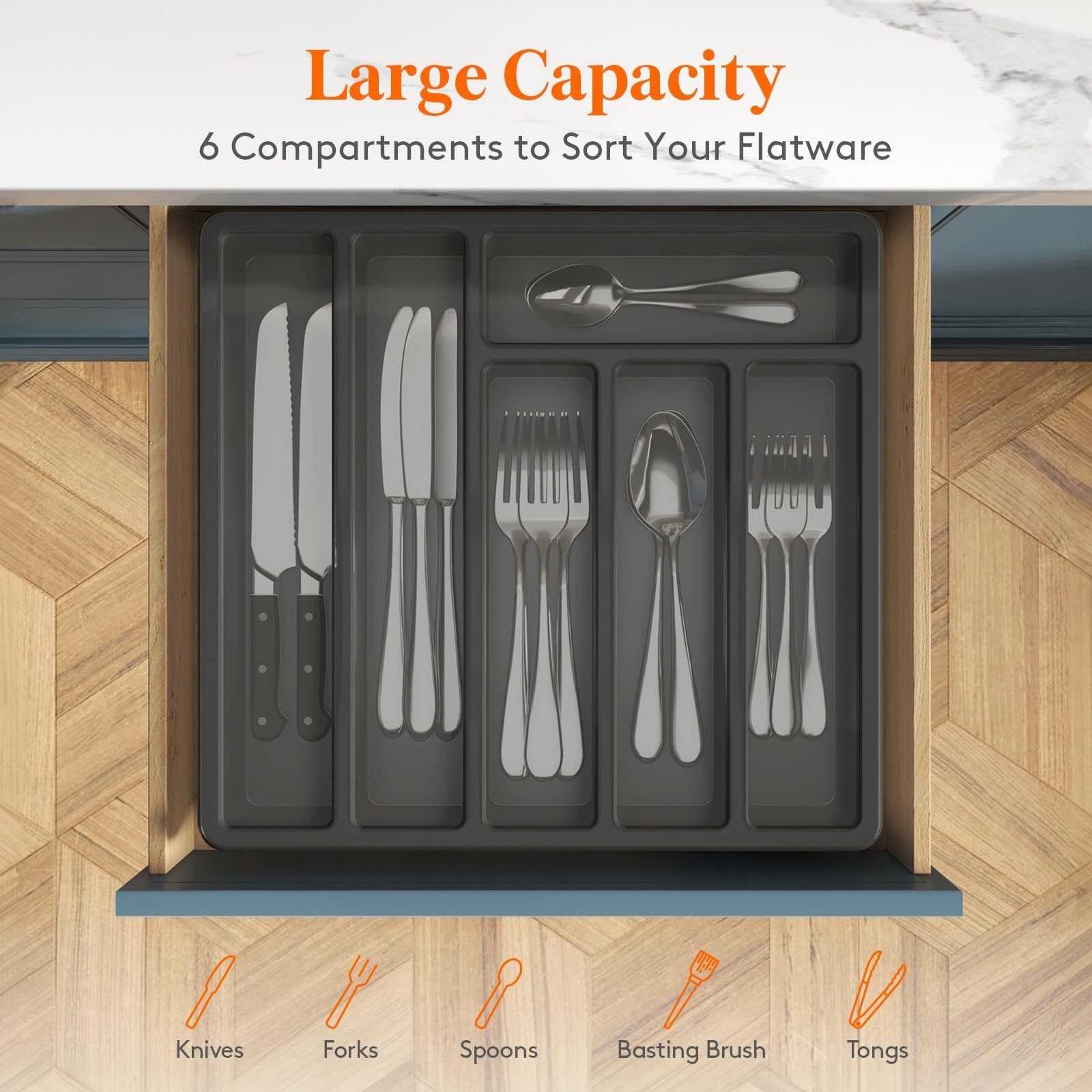 Silverware Organizer with Lid, Covered Utensil Tray, Plastic Cutlery and Flatware Storage Box