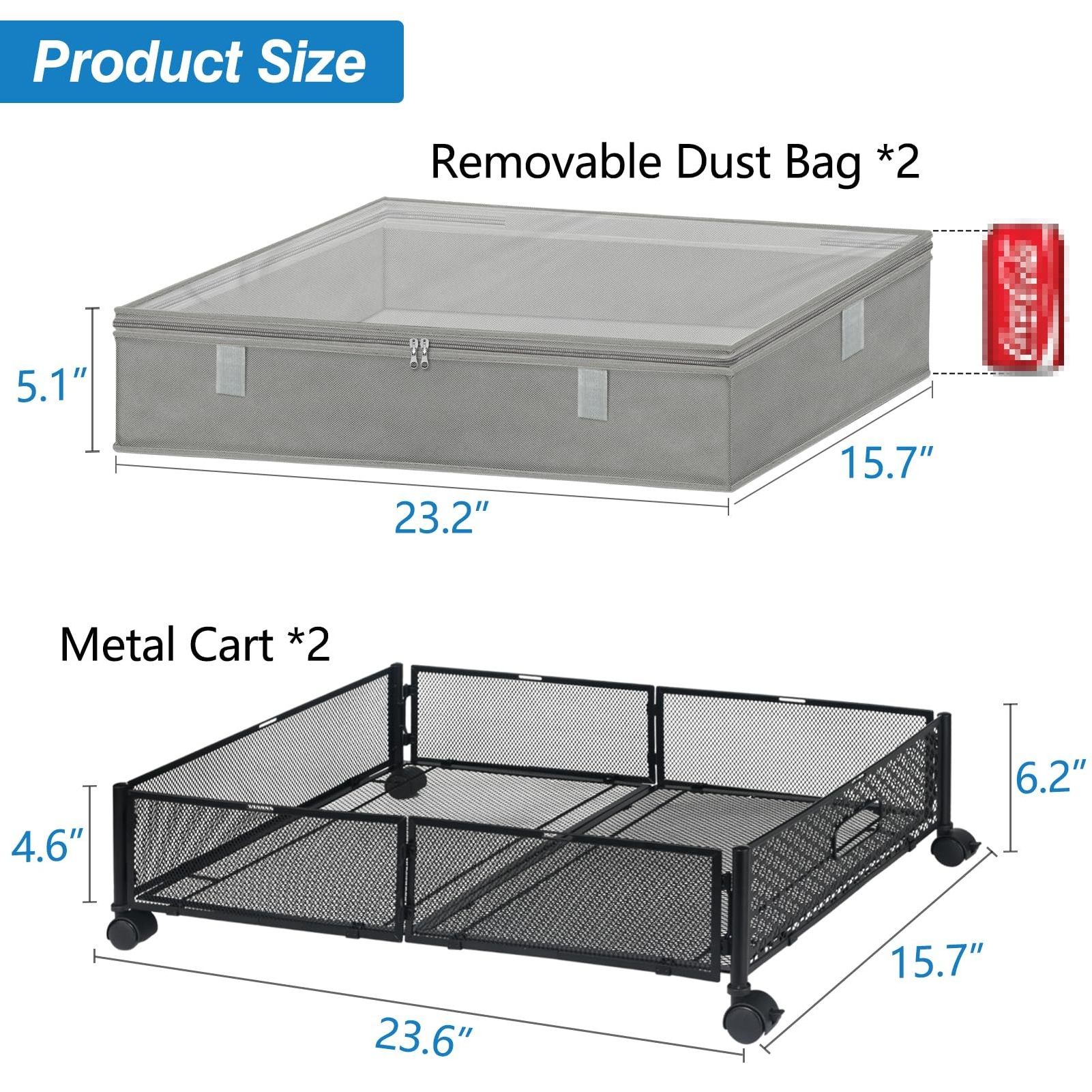 i Under Bed Storage with Wheels & Removable Bags, 2 Pcs Under bed Storage Containers Rolling Drawers