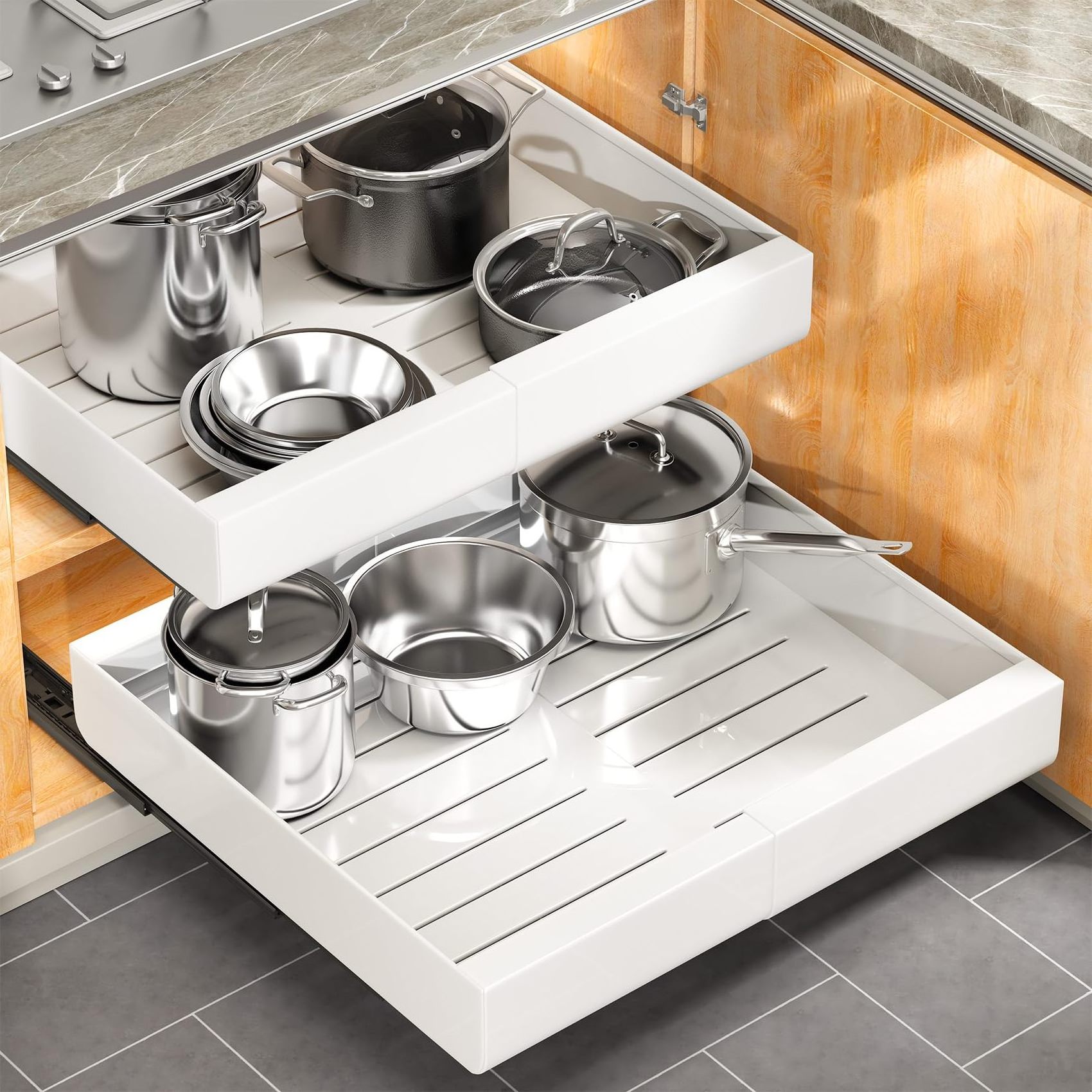 Pull Out Cabinet Organizer, Expandable Cabinet Pull Out Shelves with Dividers