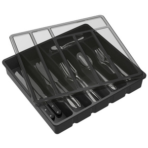 Silverware Organizer with Lid, Covered Utensil Tray, Plastic Cutlery and Flatware Storage Box