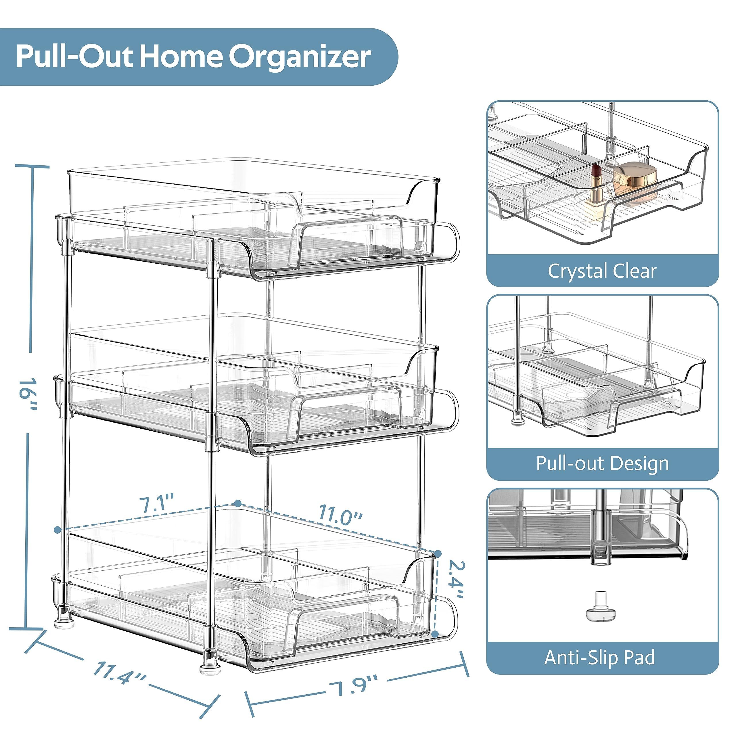 2024  New  3 Tier Bathroom Organizer with Dividers,2 Set Clear Under Sink Organizers Storage Slide Out Bathroom