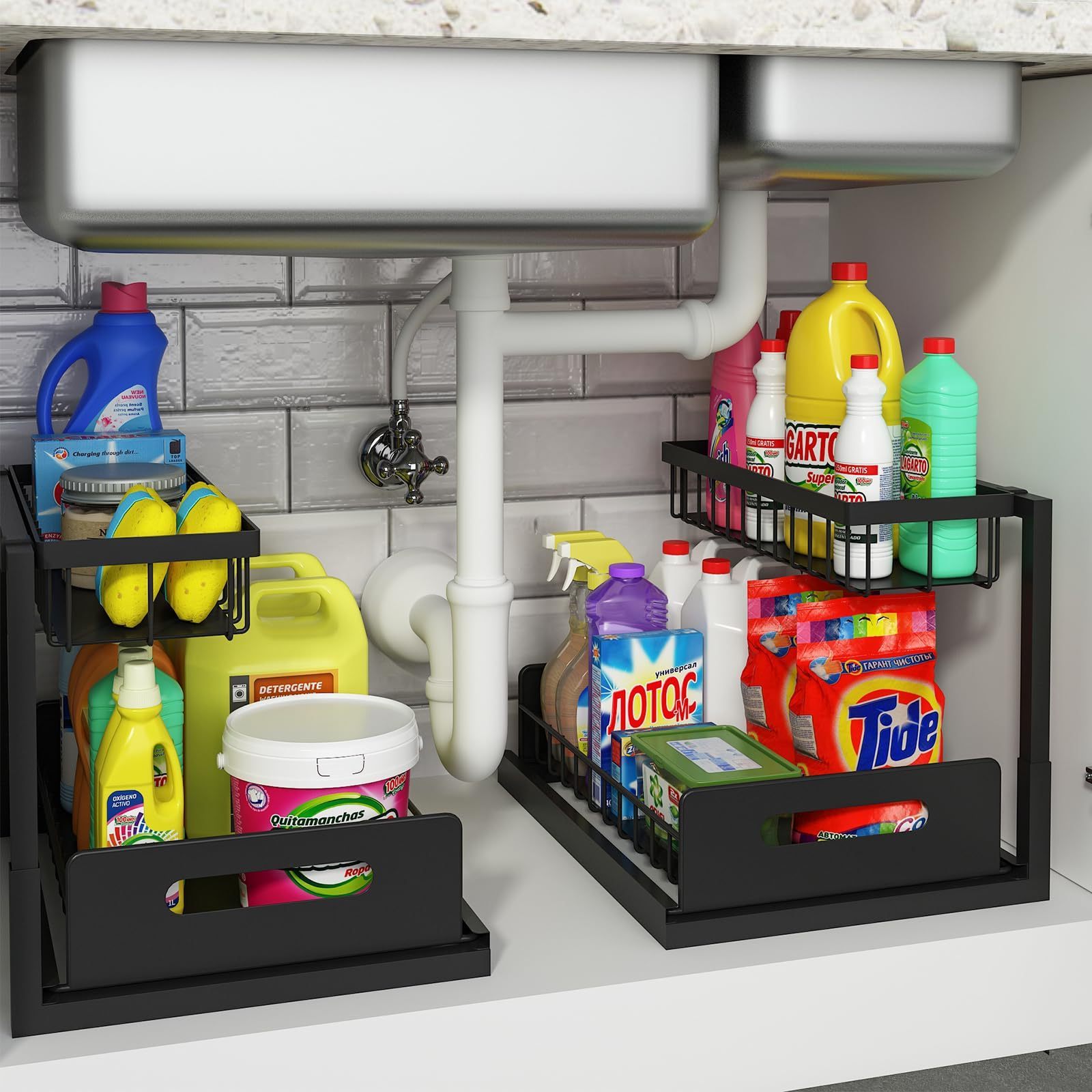 Under Sink Organizer and Storage,  Pull Out Cabinet Organizer, Slide Out Sink Shelf Cabinet Storage Shelves