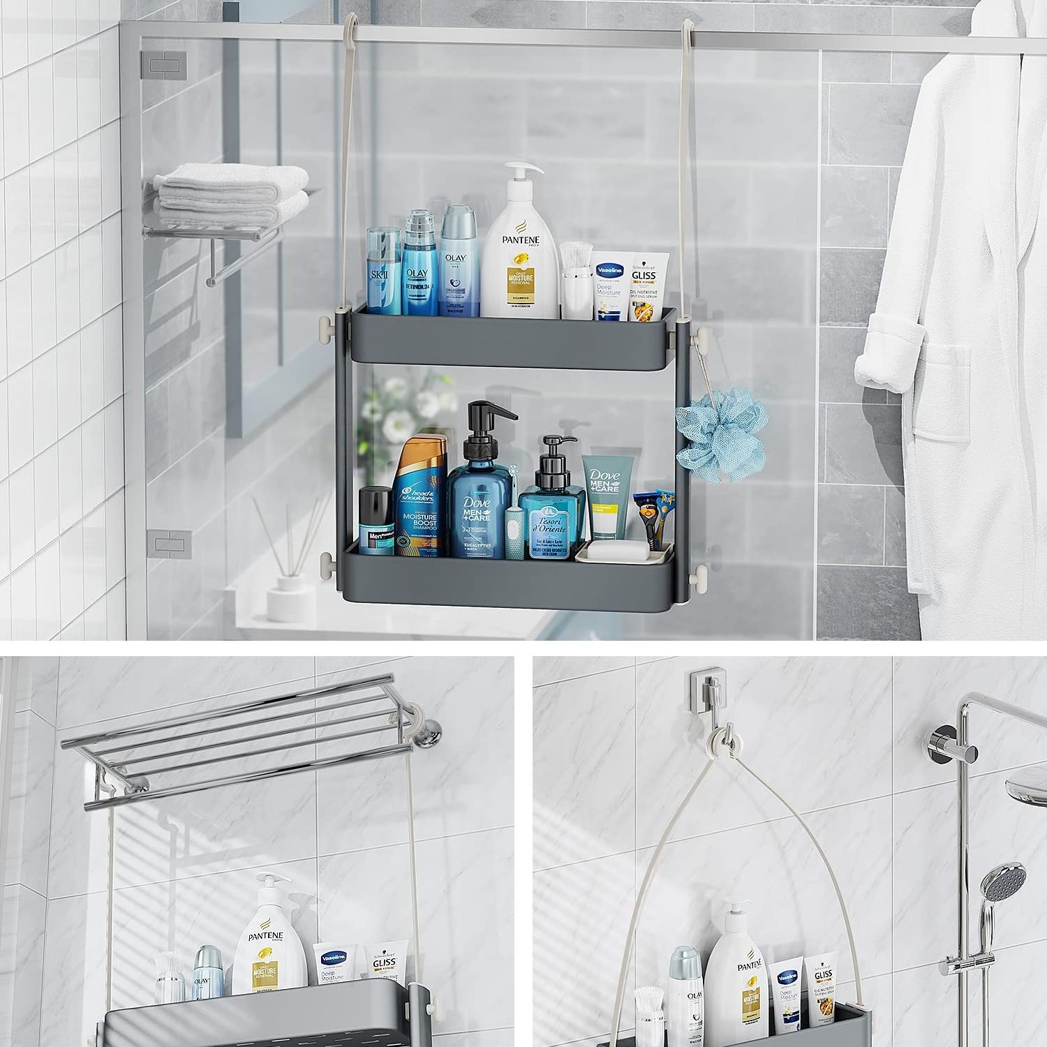 Shower Caddy Hanging, 2 in 1 Shower Caddy Over Shower Head/Door, Sturdy Bathroom Shelf Organizer with Adjustable Height